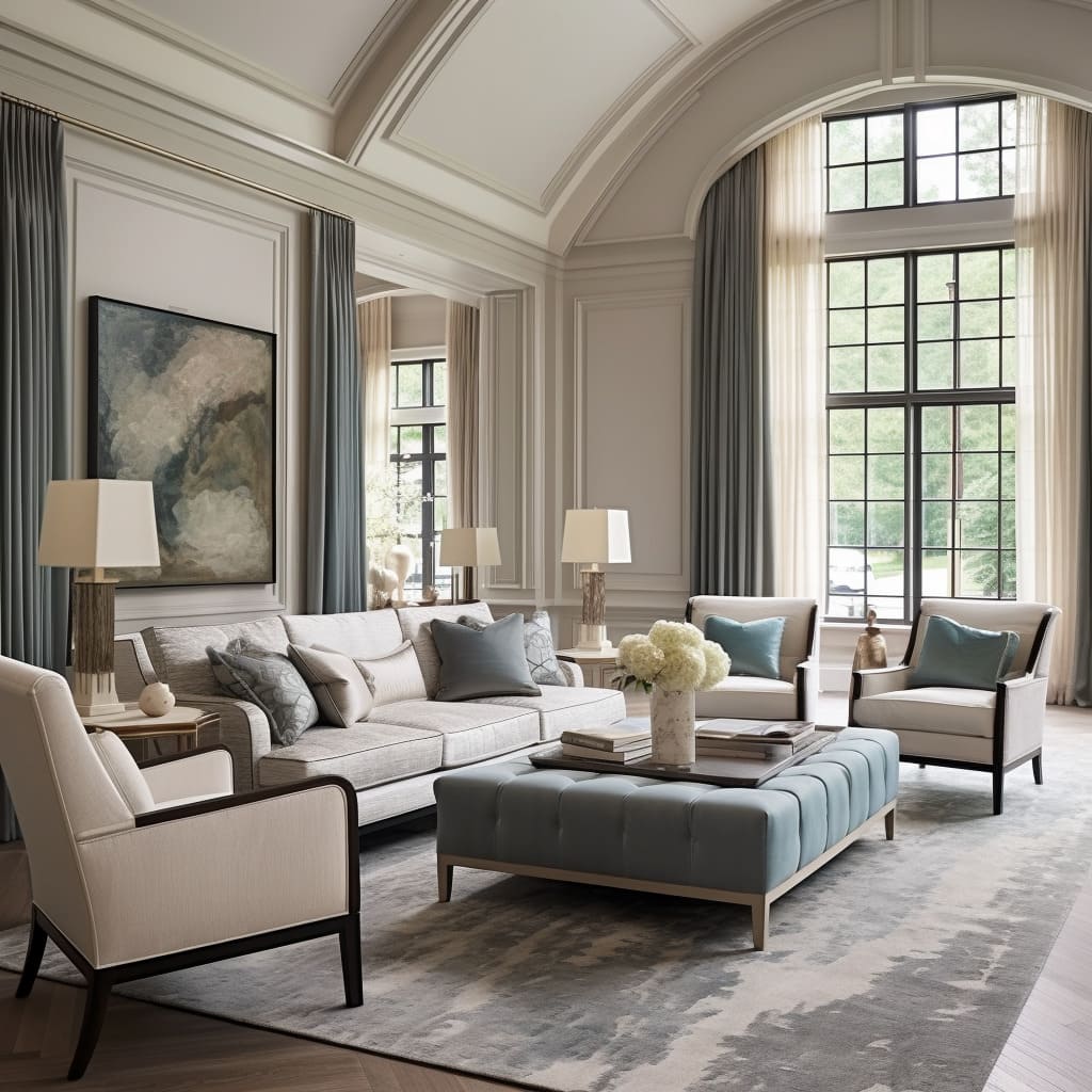 White walls brighten the living room, complementing the American-style furniture.