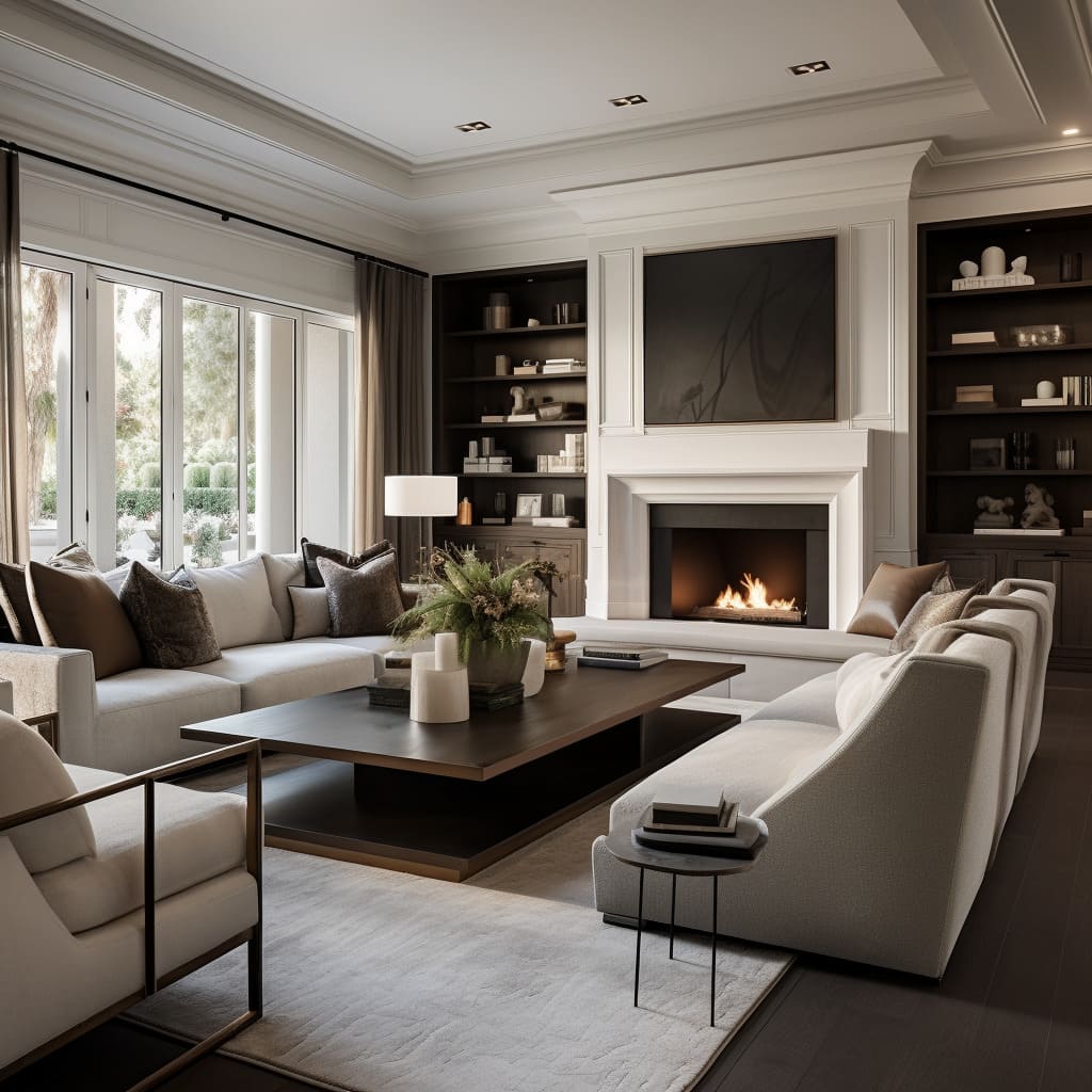 White walls enhance the elegant mix of contemporary and traditional furnishings in this living room.