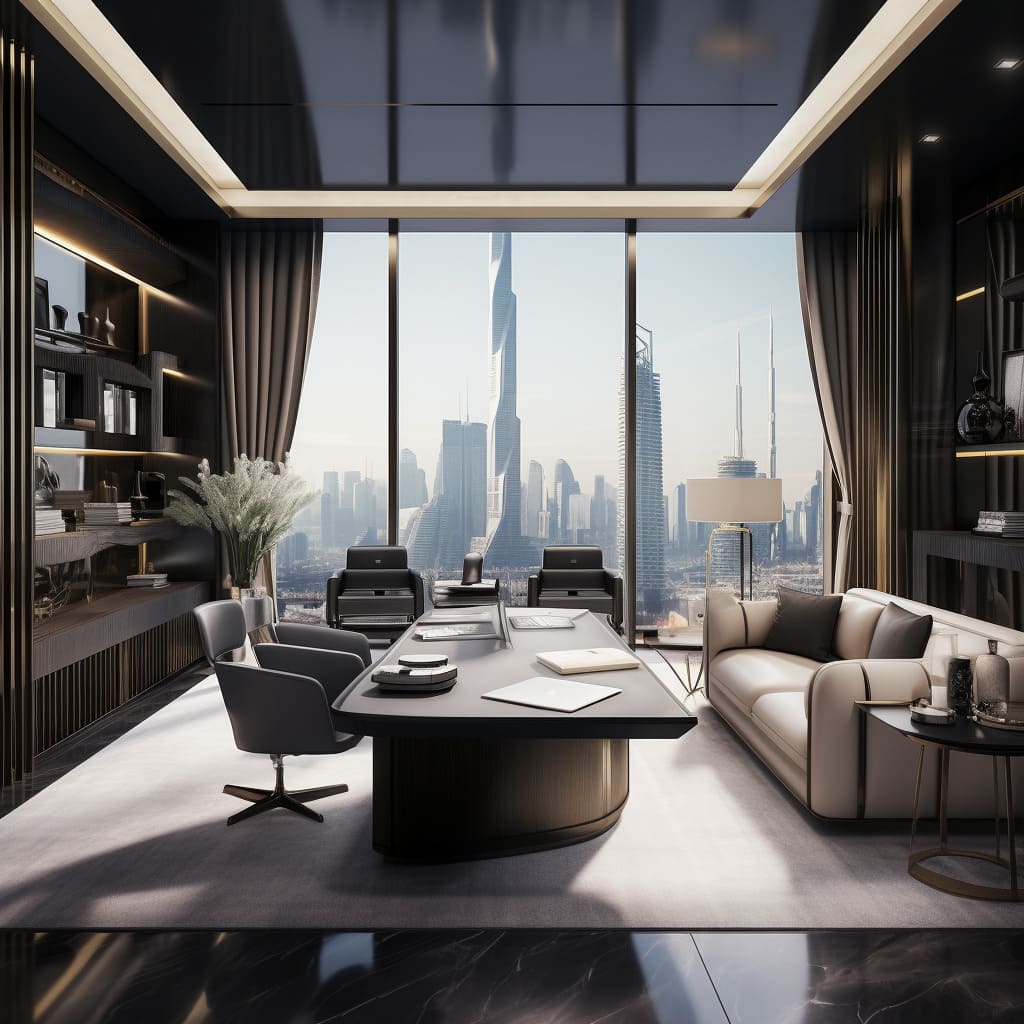 With a backdrop of Dubai's cityscape, the office interior design is as dynamic as it is luxurious.