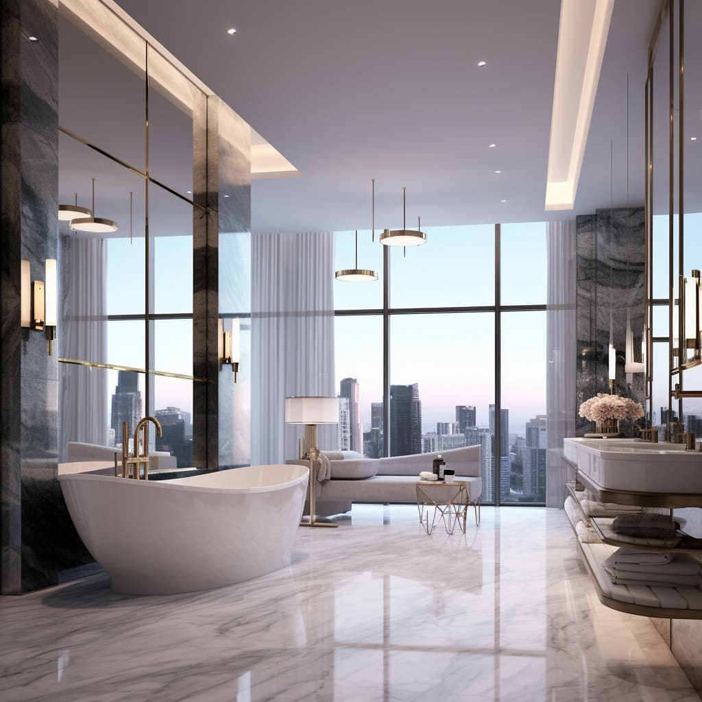 With a free-standing tub set against a backdrop of marble, this bathroom is the epitome of luxury.