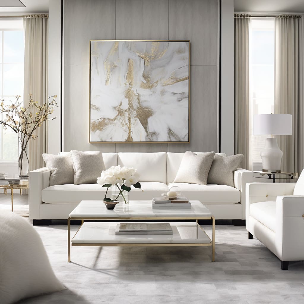 With a nod to classic elegance, the living room's white seating arrangement adds a dreamy contrast to the modern backdrop.