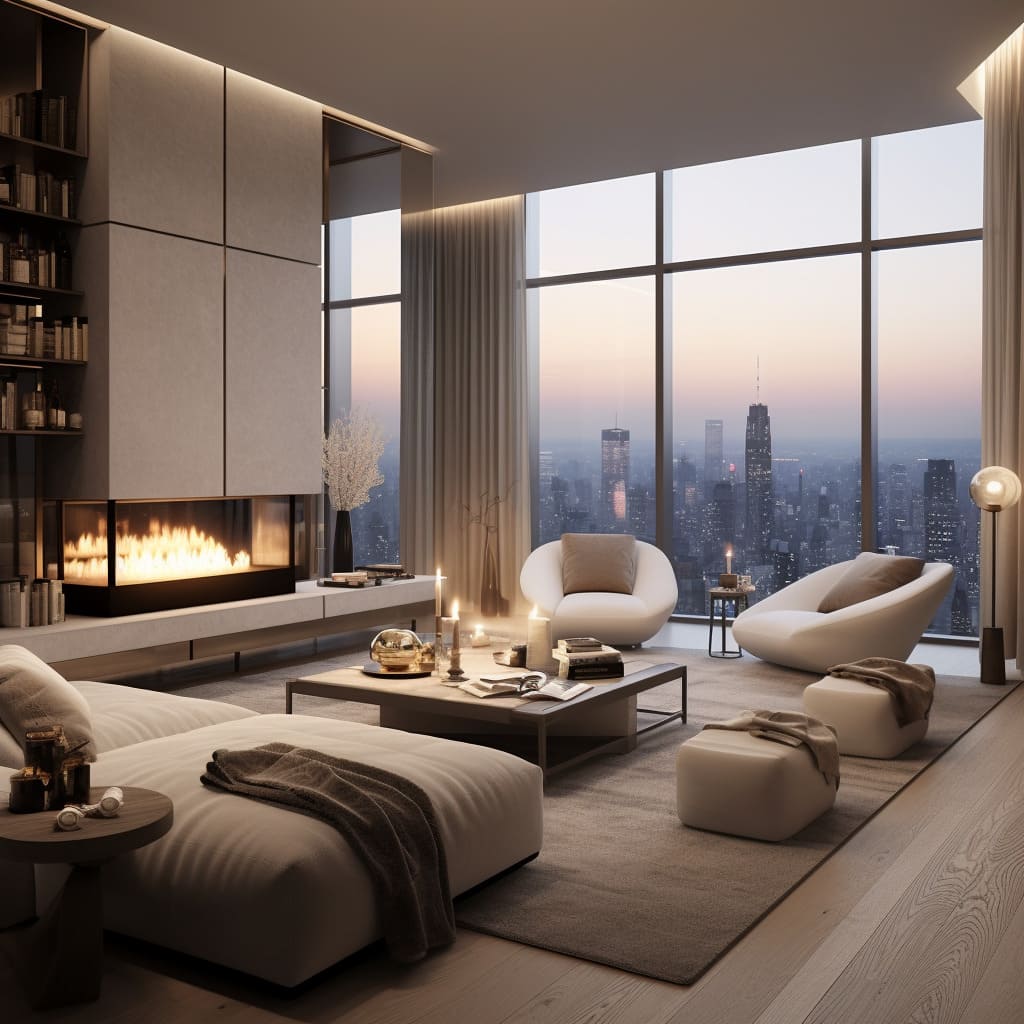 With an open floor plan, the living room of this large apartment highlights a luxurious, contemporary lifestyle.