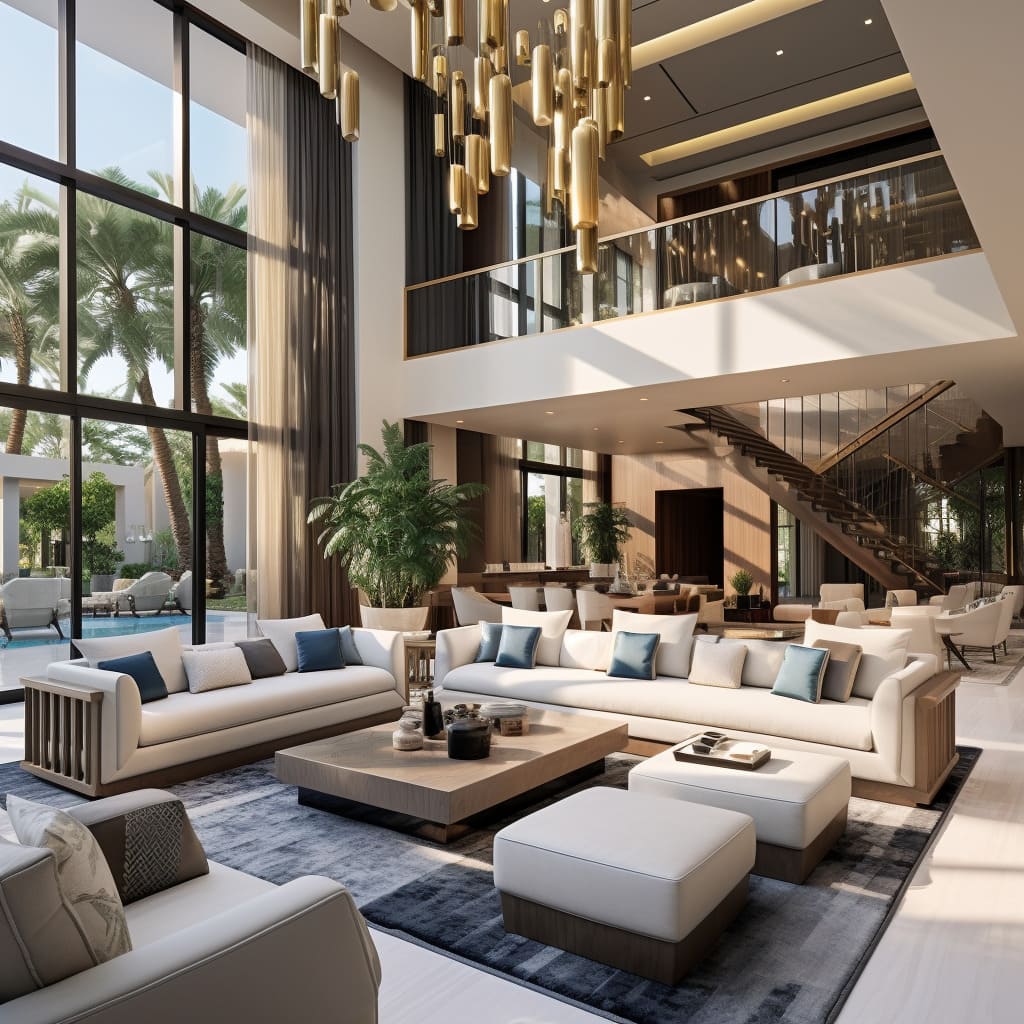 With floor-to-ceiling windows, the Dubai villa's living space is bathed in natural light.
