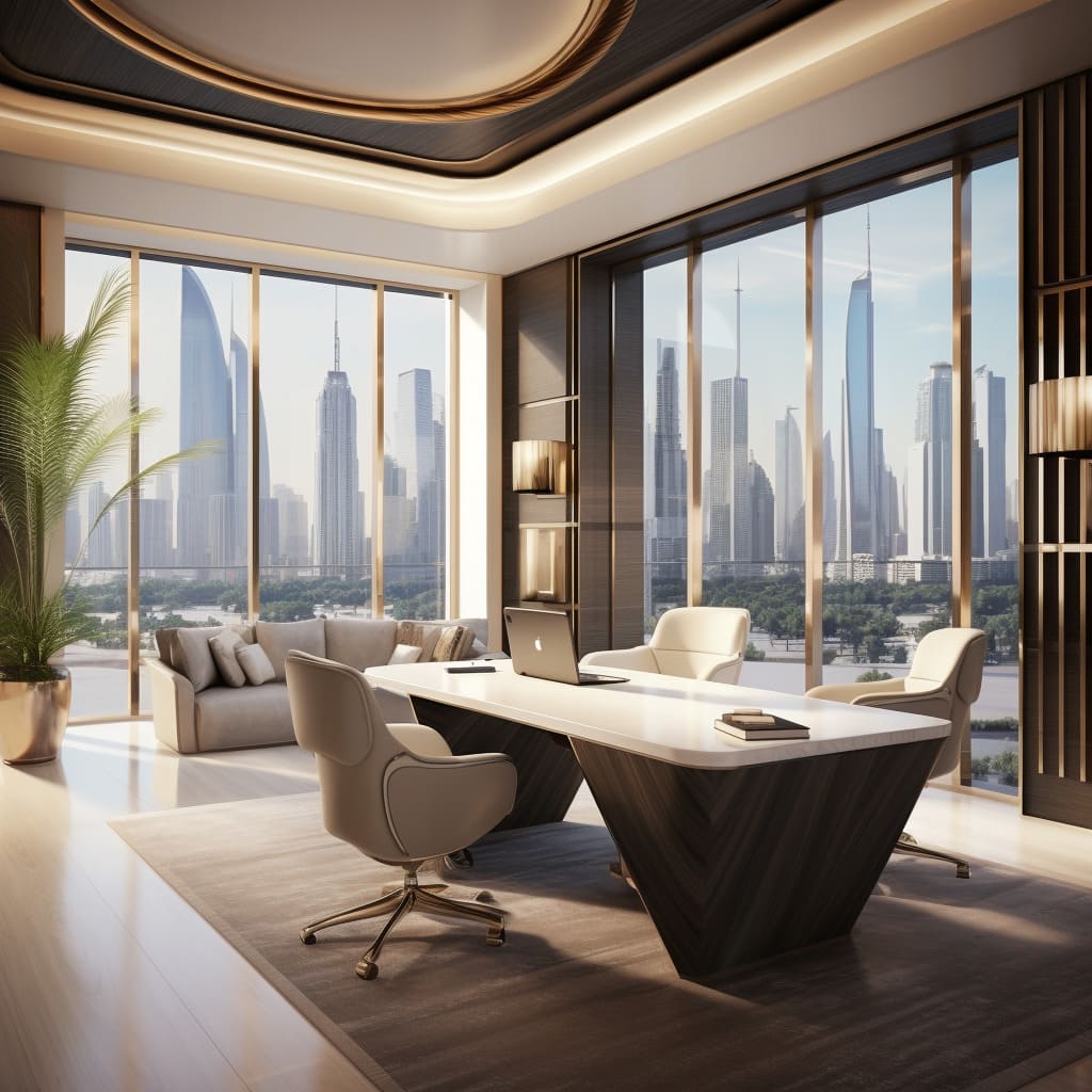 With floor-to-ceiling windows, the office's interior design capitalizes on Dubai's skyline, pairing luxury with inspiration.