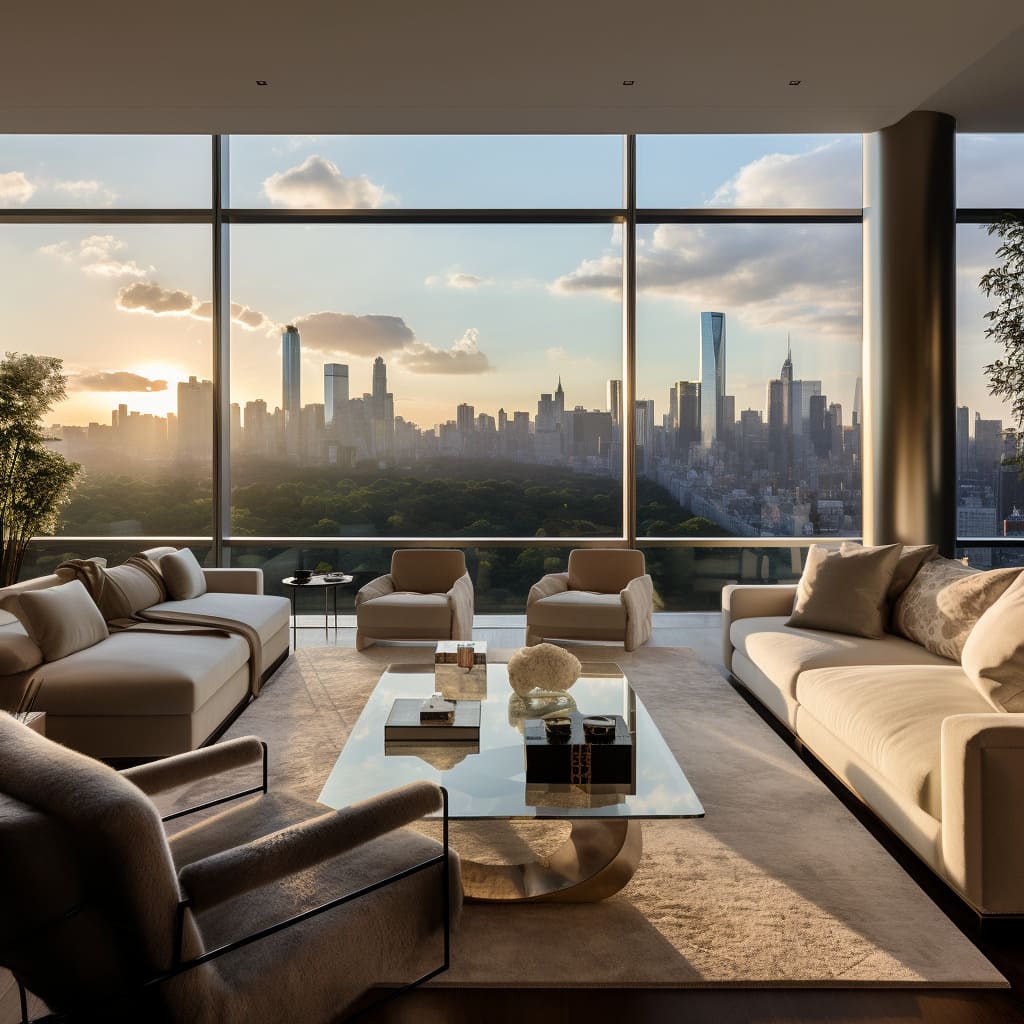 With its minimalist aesthetics, the living room in this penthouse is a serene haven.
