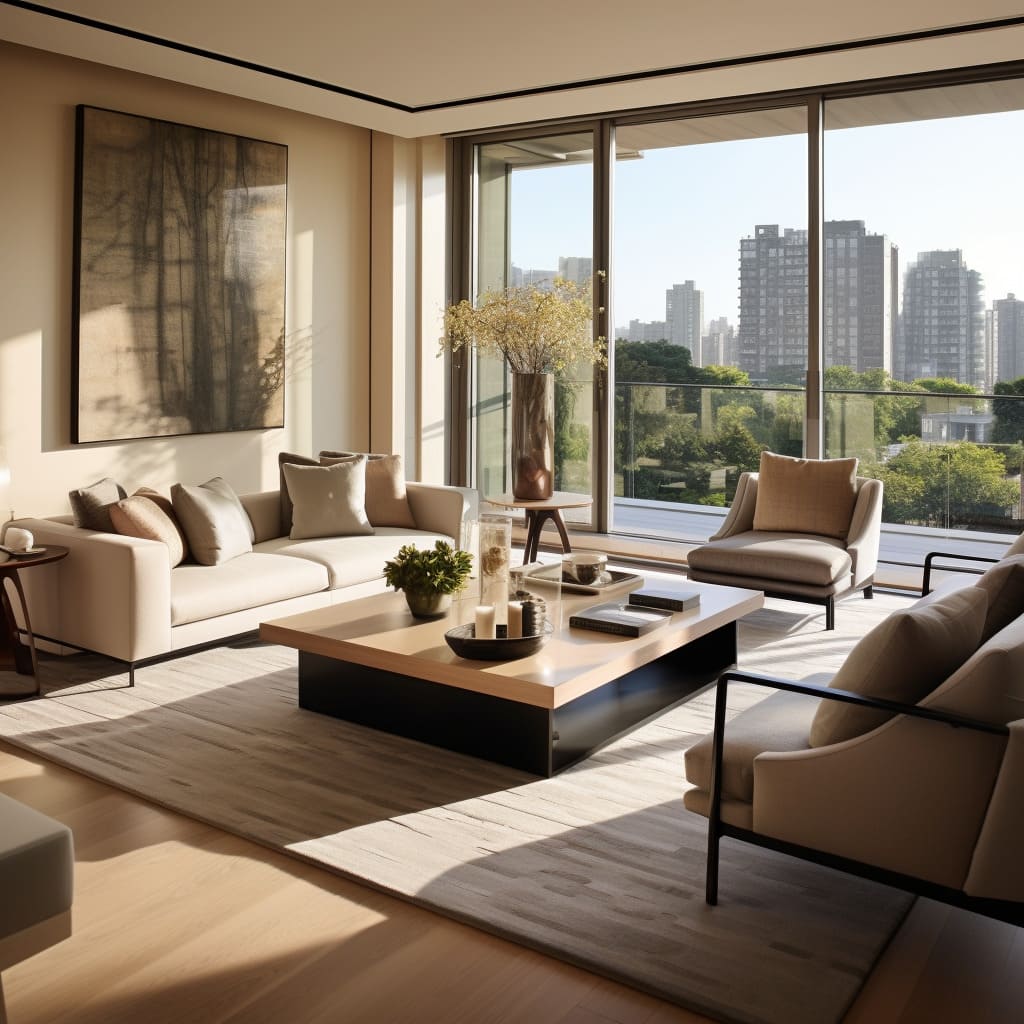 With its minimalist interior design, the living room exudes a sense of tranquility.