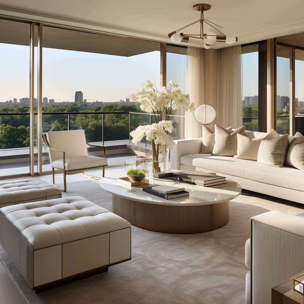 With its sleek lines, the living room's furniture embodies a contemporary aesthetic.