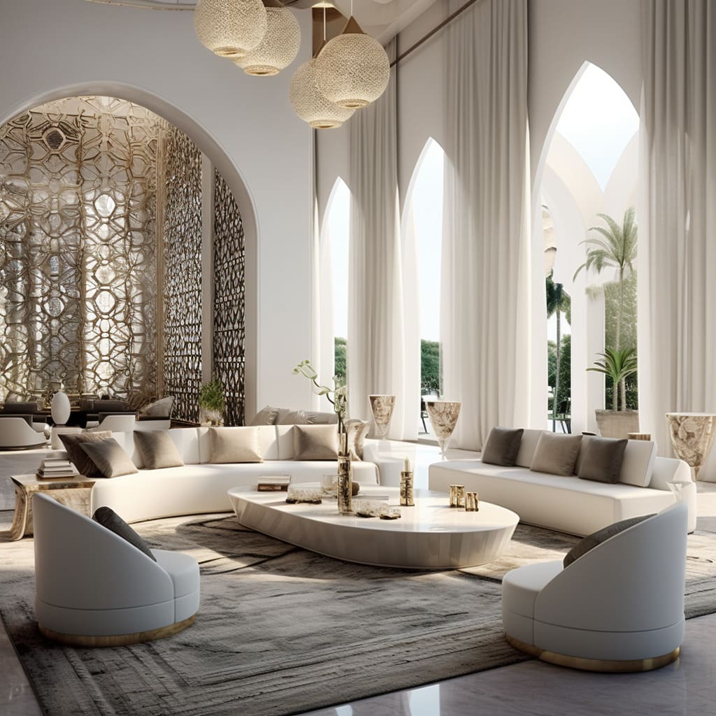 The majlis seating interior features plush cushions arranged in a welcoming and communal setting, perfect for gatherings and socializing.