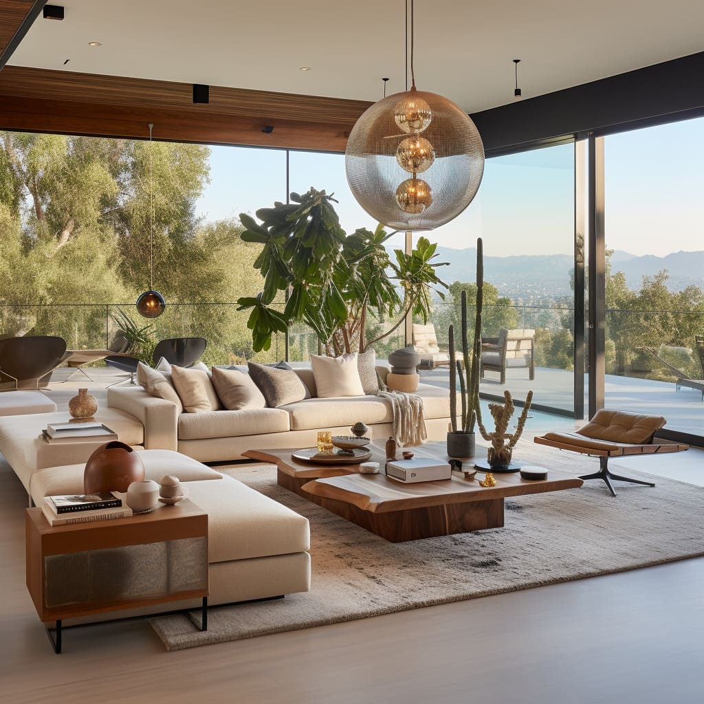 the living room of this modern, eco-conscious Los Angeles villa, where sustainability meets style.