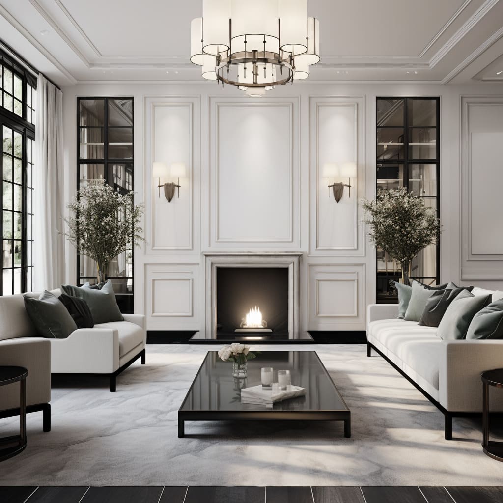 A chic coffee table with metallic accents complements the transitional interiors of the sitting area