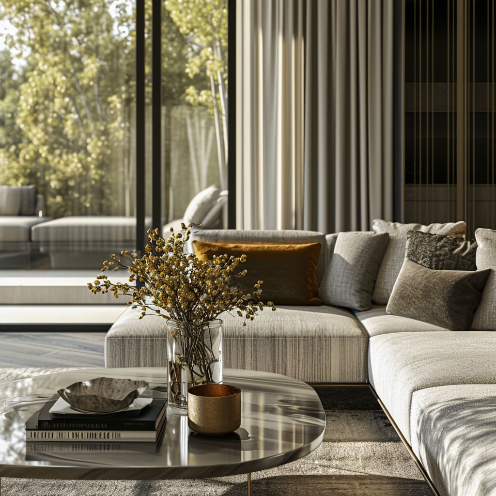 A coffee table with sleek finishes and a unique design element adds an artistic touch to the living room