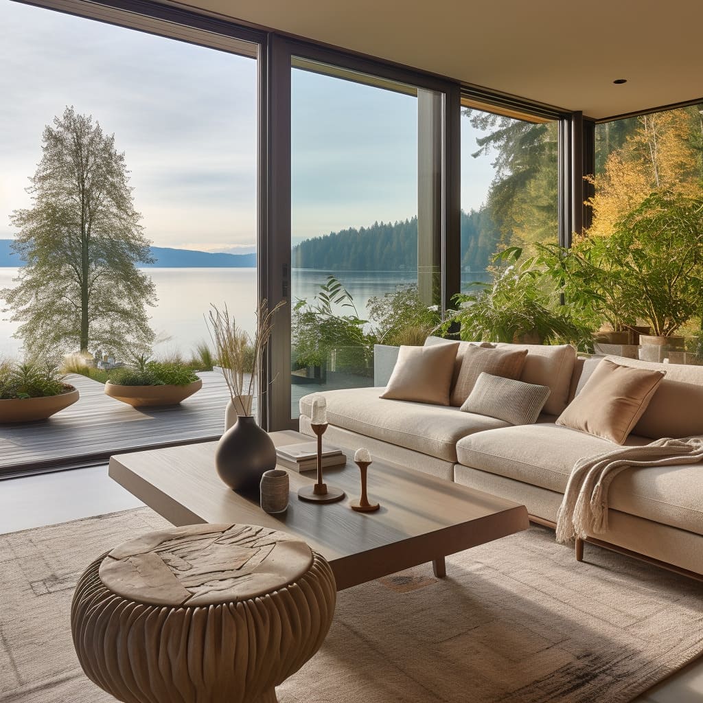 A contemporary living room with minimalist decor, perfect for a cozy lakeside house.