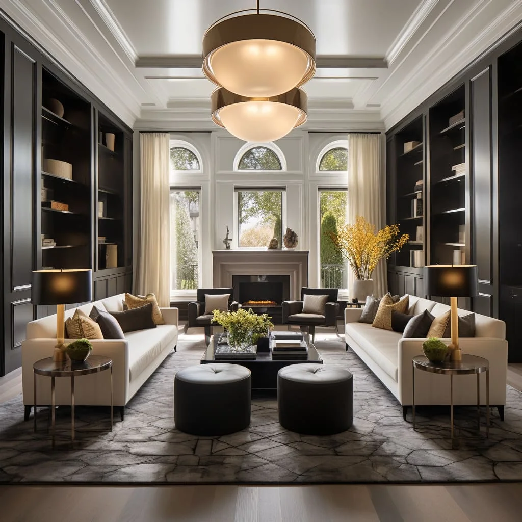 A drawing room, where bold accents and decorative patterns
