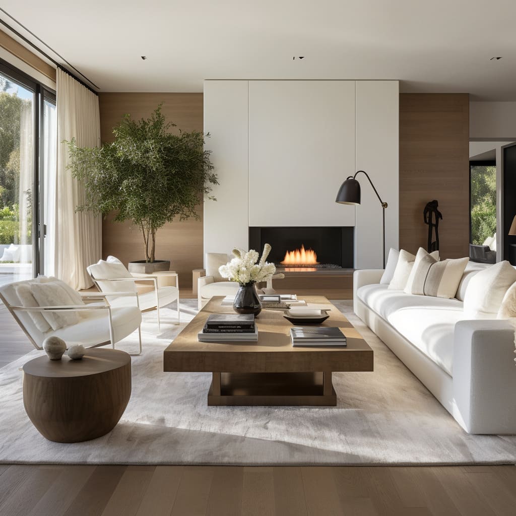 A family room boasts an expansive feel through an open layout, visual complexity, and chic interiors