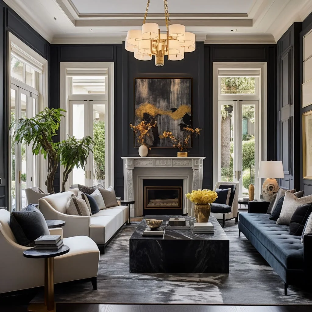 A family room with subtle accents and bold elements blend seamlessly to achieve an inviting ambiance