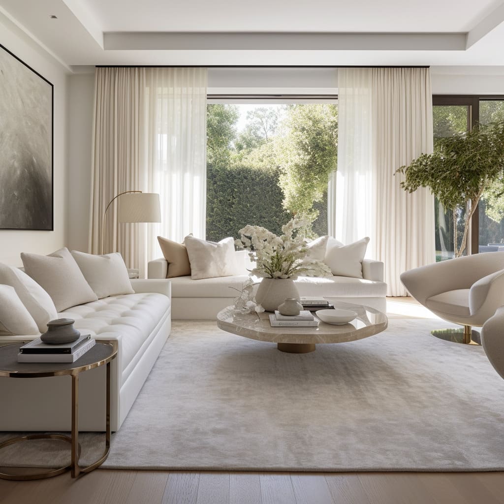 A great room exudes timeless beauty with glass elements, plush rugs, and decorative pillows