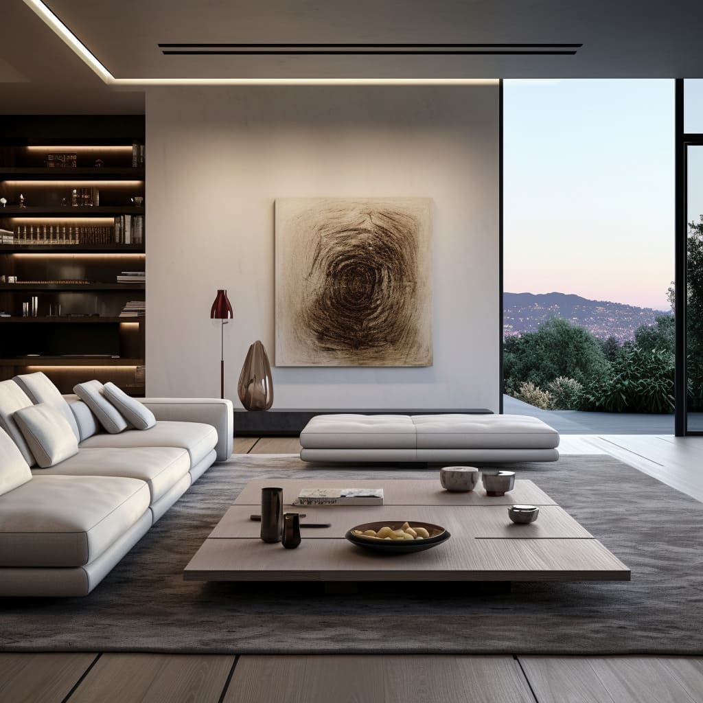 A harmonious design in a contemporary living room featuring minimalist aesthetics with an elegant, neutral palette