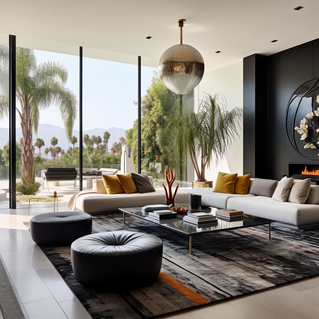 A large modern living room, where each piece of furniture and every decor item tells a unique story of modern luxury