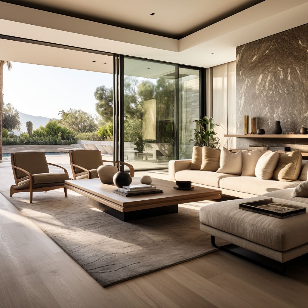 A living room features elegant wood flooring
