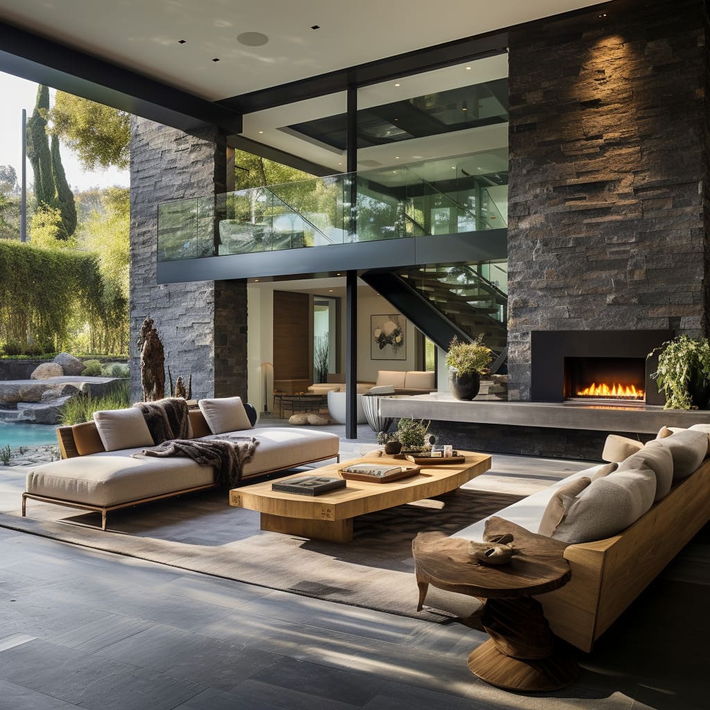 A living room in this chic villa is all about that timber and stone combo, making it the perfect spot for gatherings.