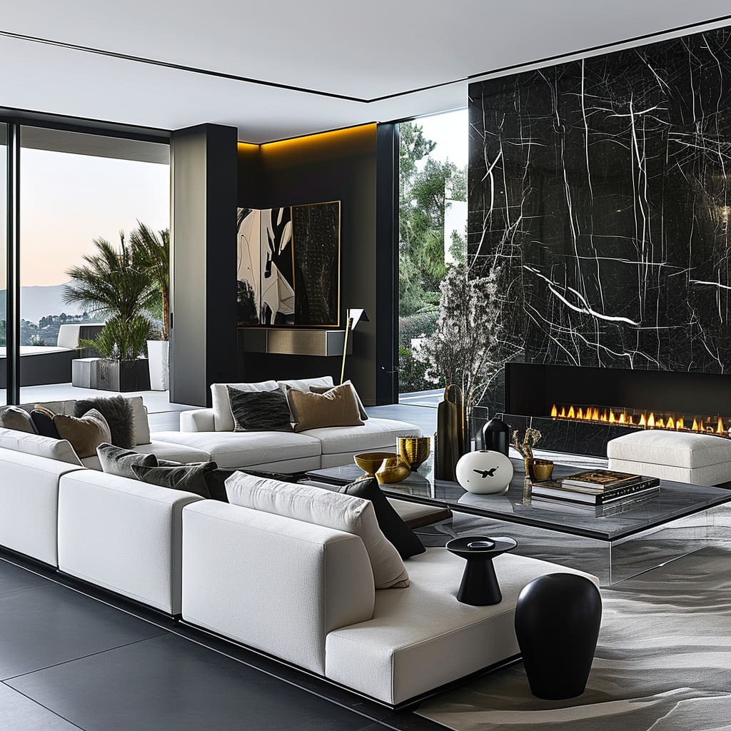 A living room that celebrates minimalist philosophy, featuring bespoke, streamlined furniture in a monochromatic scheme