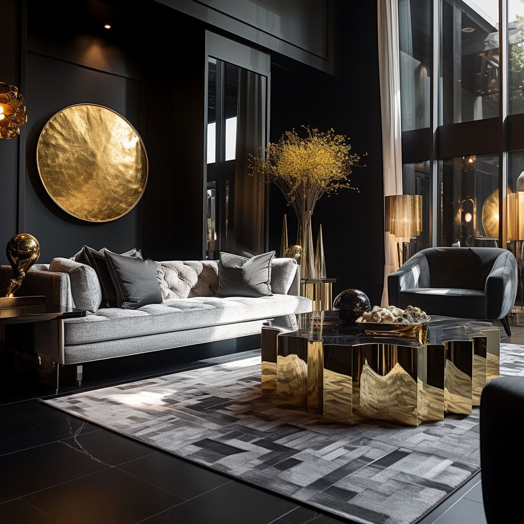 A luxurious living room interior design with bold accents enhancing the black and gold palette