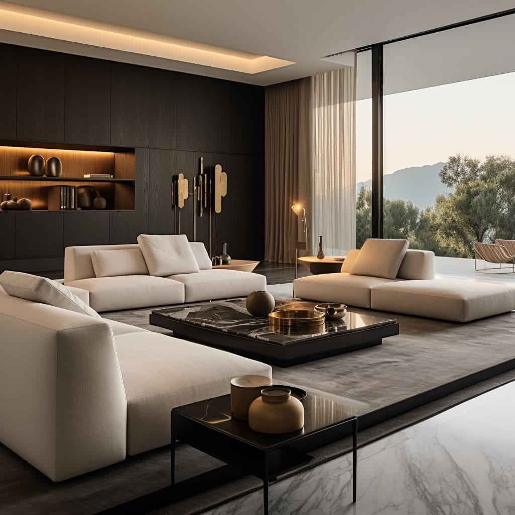A luxury minimalist living room that combines modern minimalism with space-optimizing, elegant interiors