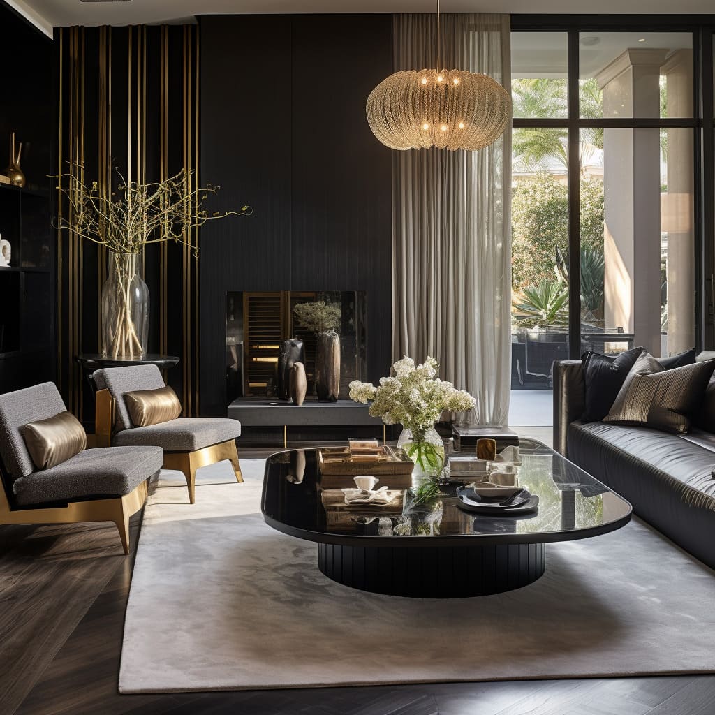 A modern sofa and armchairs provide comfortable seating in this luxurious living room.
