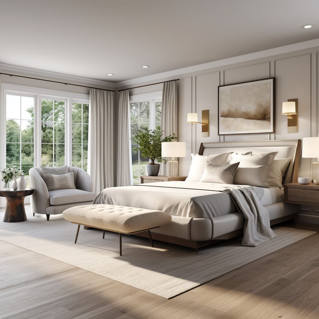 A principal bedroom that seamlessly blends style and relaxation, offering the best of both worlds.