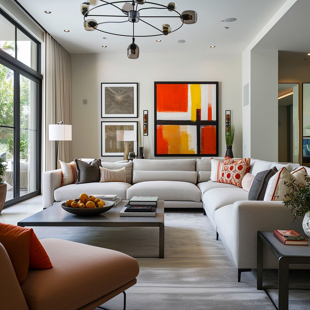 A sectional and plush armchairs provide ample seating options in this contemporary living room
