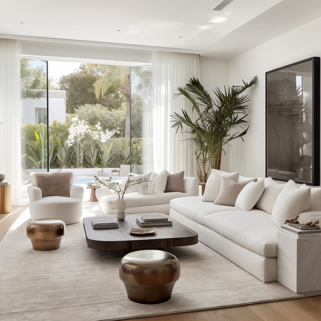 A sense of calmness in a family room with a monochromatic scheme, organic shapes, and abundant natural light