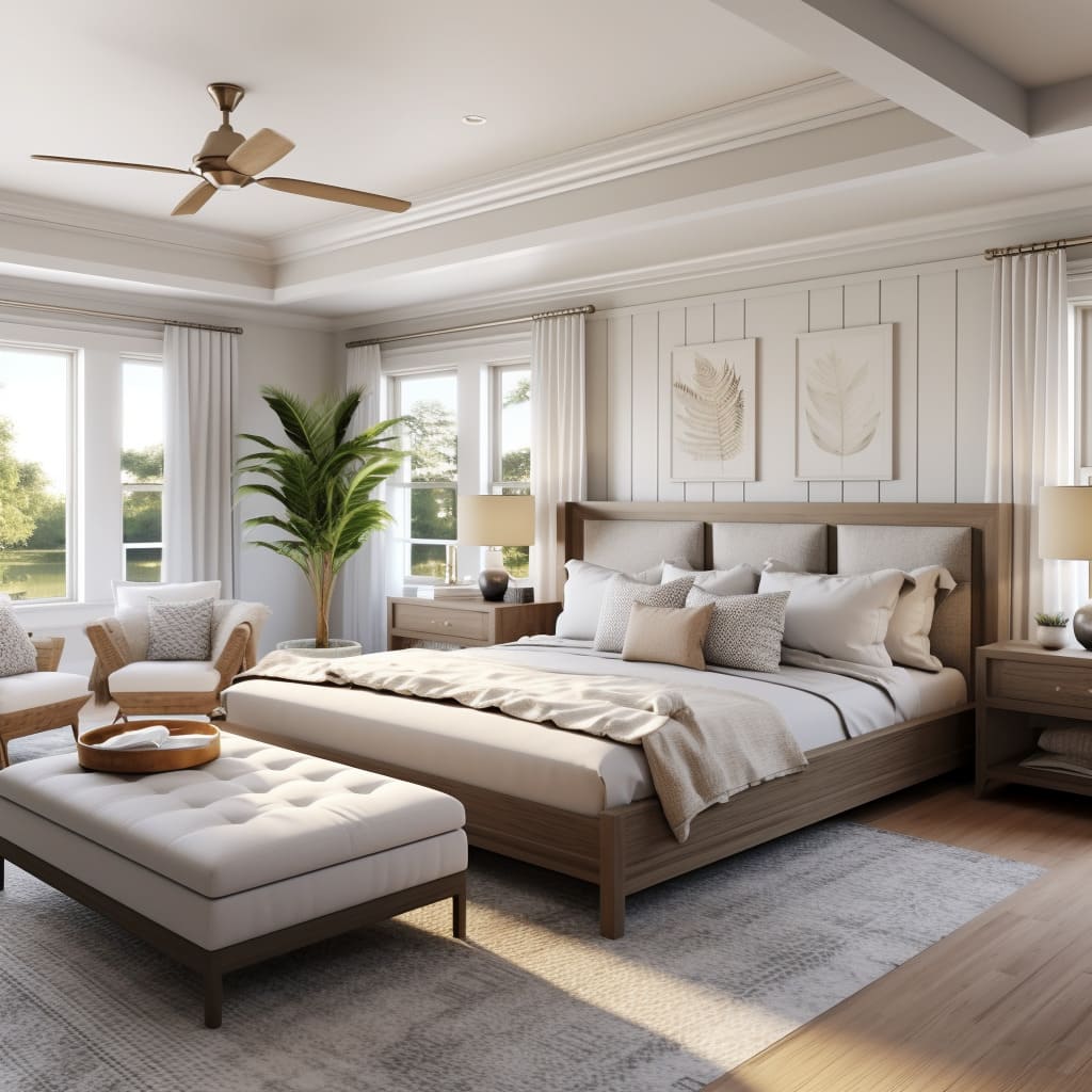 A sense of tranquility pervades this master bedroom's interior design, creating a serene retreat.
