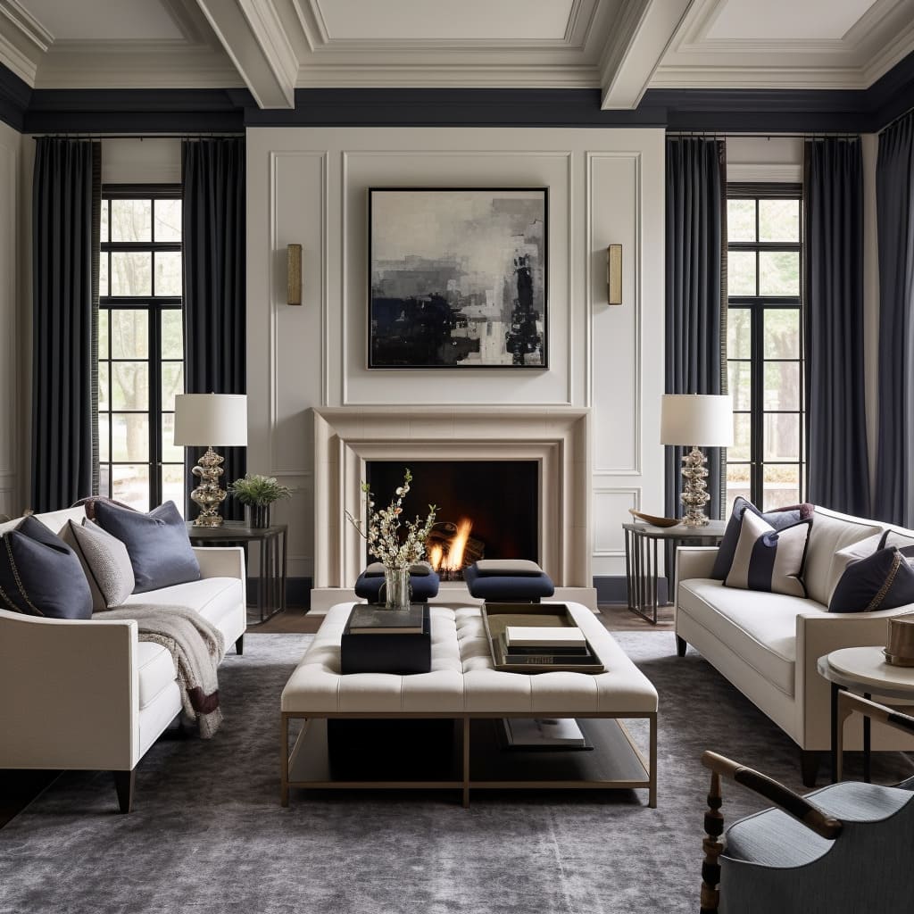 A sitting area adorned with luxurious fabrics and polished wooden furniture exudes transitional charm