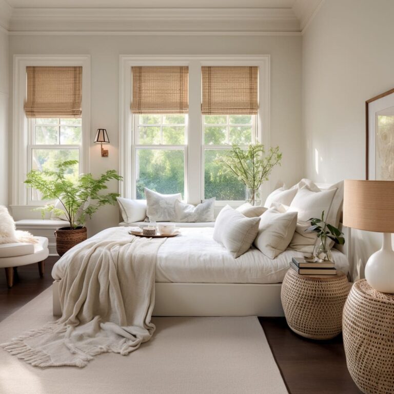 White Bedroom Interior Design with Bamboo Furniture | FH