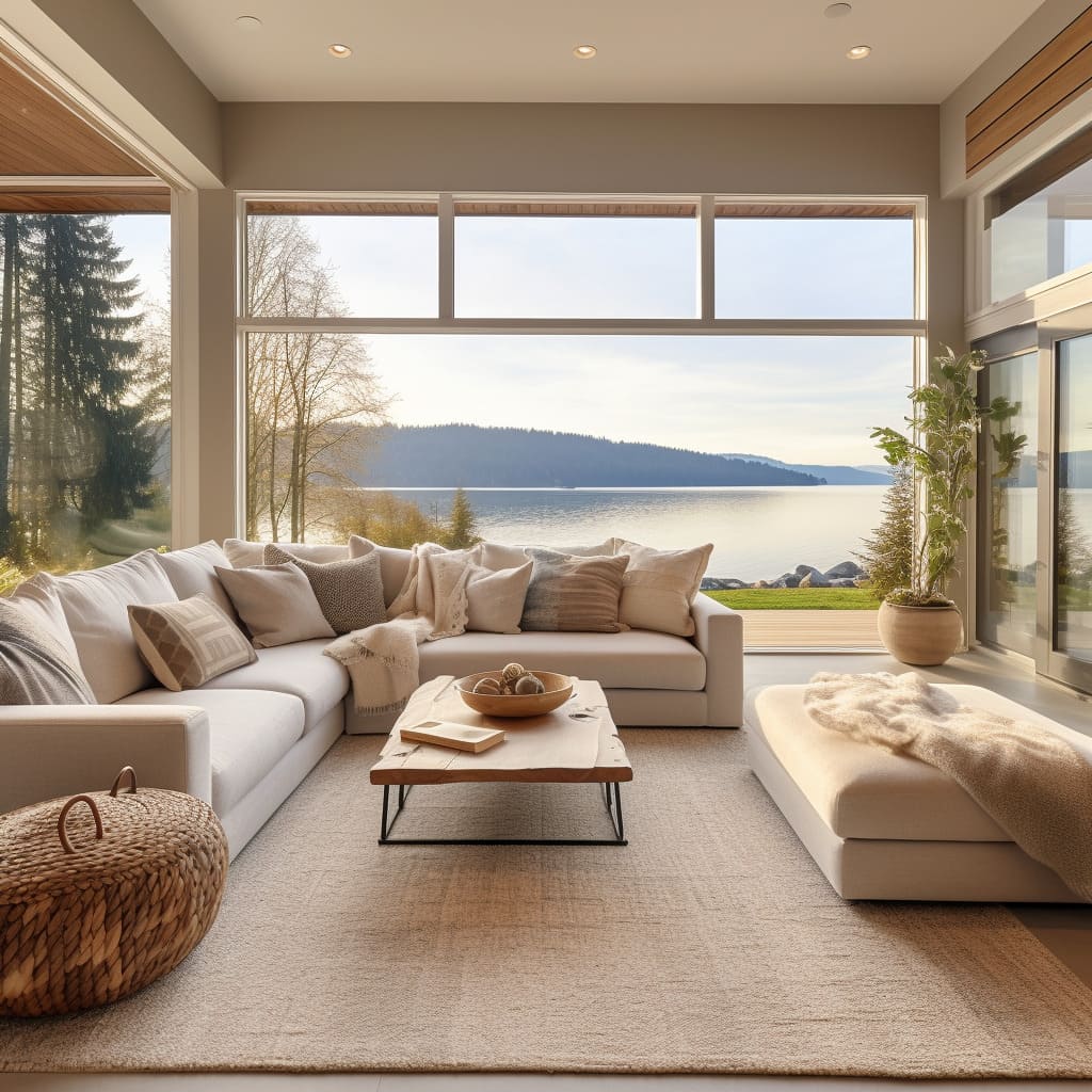 A spacious living room in this lakeside house boasts a modern design with natural elements.