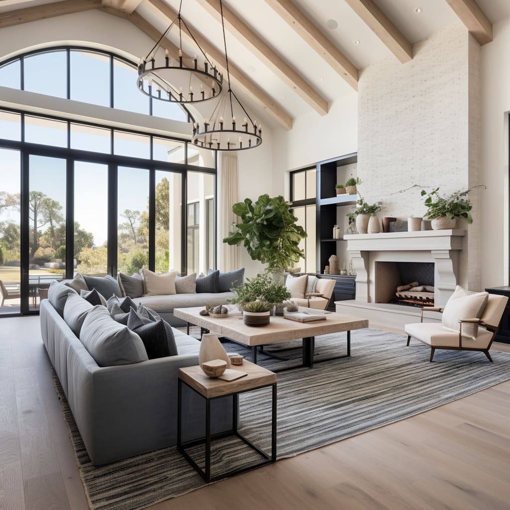 A spacious living room is Rustic and Refined, balancing farmhouse authenticity with elegant details