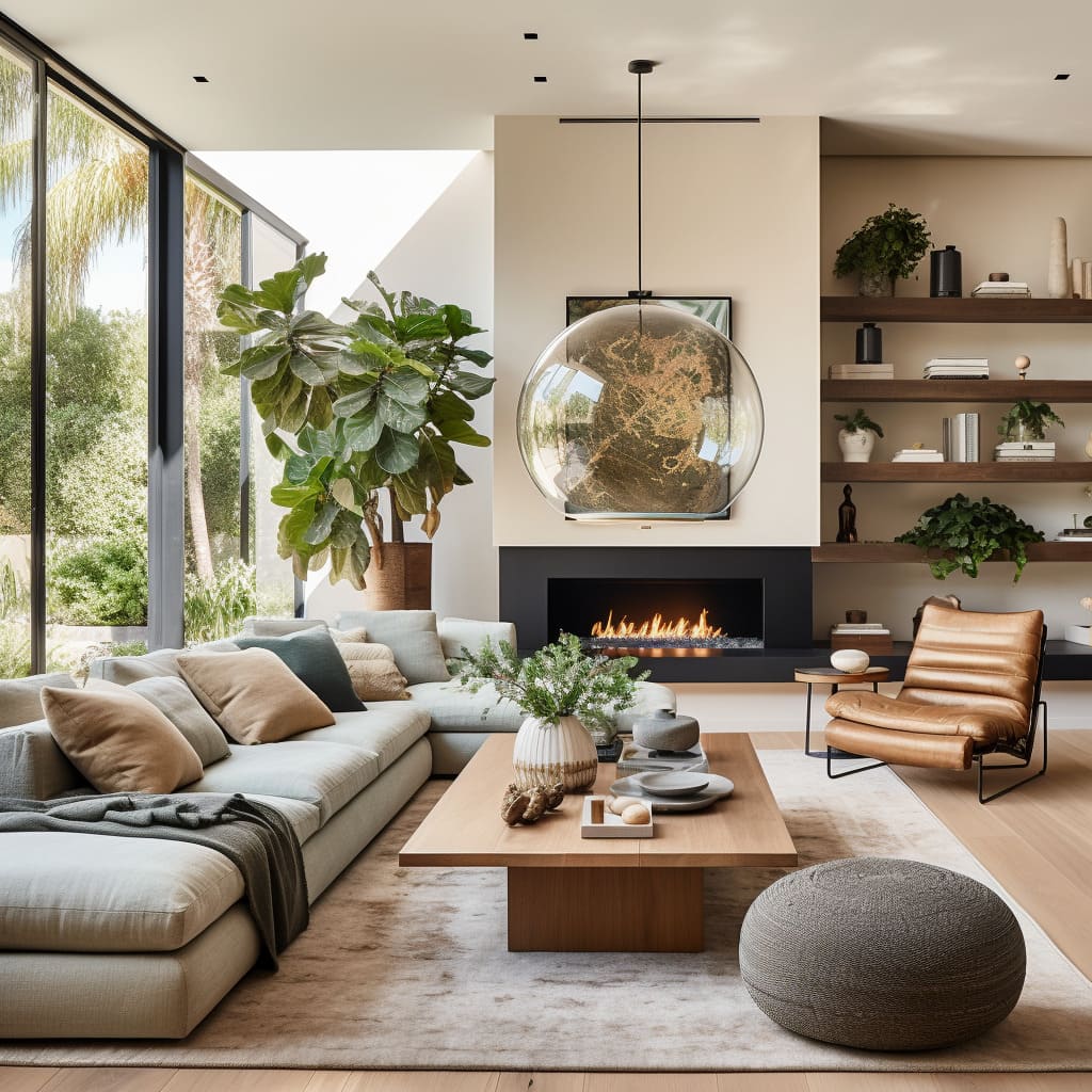 A tactile and visual feast awaits in this luxurious living space, where an array of materials, colors, and arrangements creates an inviting and dynamic atmosphere.