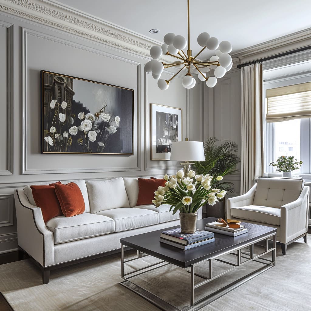 A transitional-style living room interior design blends timeless elegance with traditional and contemporary elements