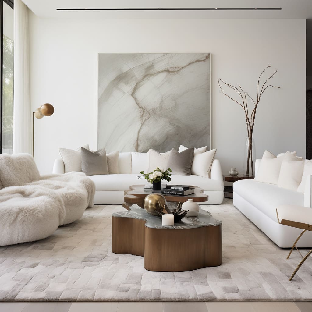 A white lounge with modern furnishings and high-end upholstery, ensuring a comfortable and luxurious living space
