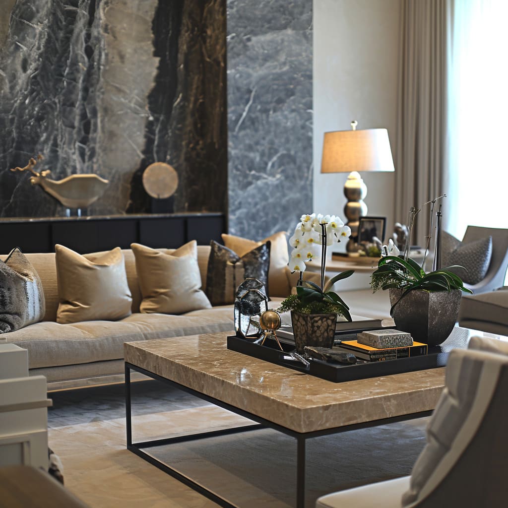 Abstract patterns on decorative elements and accessories infuse the living room with a sense of artistic flair