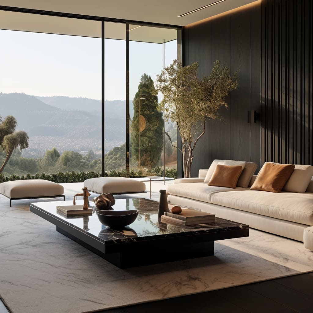 An artistic minimalist approach to living room design, highlighting sleek furniture and an understated luxury aesthetic