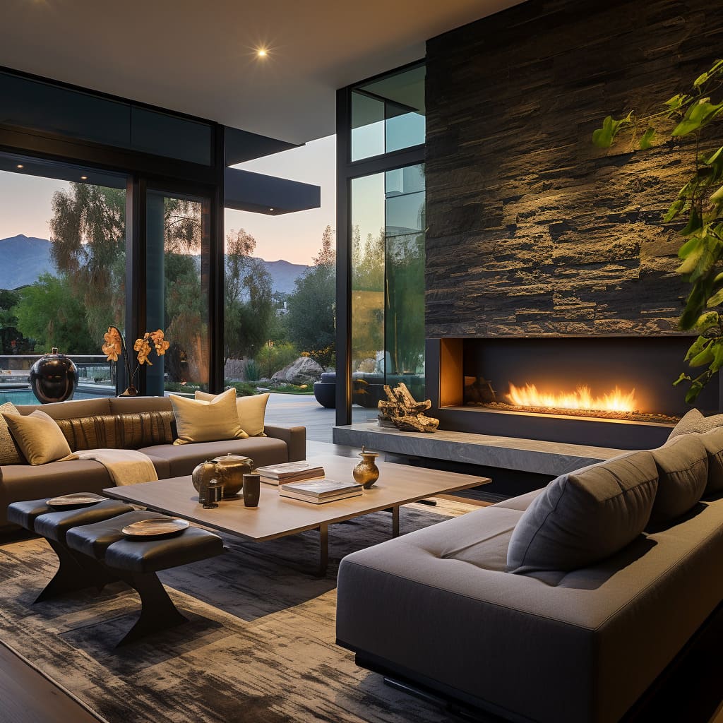 An awesome living room, decked out with rock-covered fireplaces and a plush sectional sofa