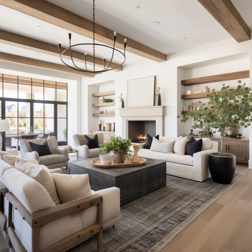 Architectural Details like exposed beams and shiplap walls define the living room's farmhouse character