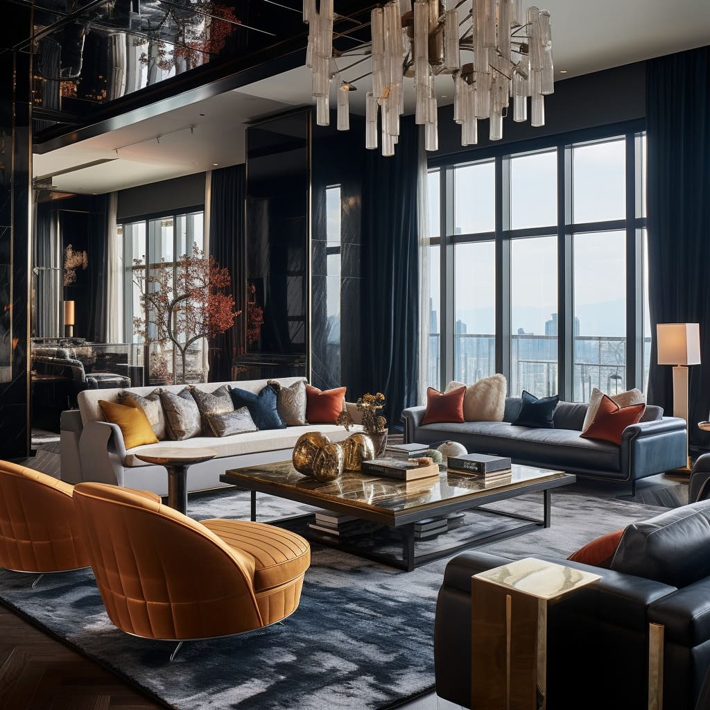 Architectural features and sleek urban elements infuse visual richness into this penthouse living room