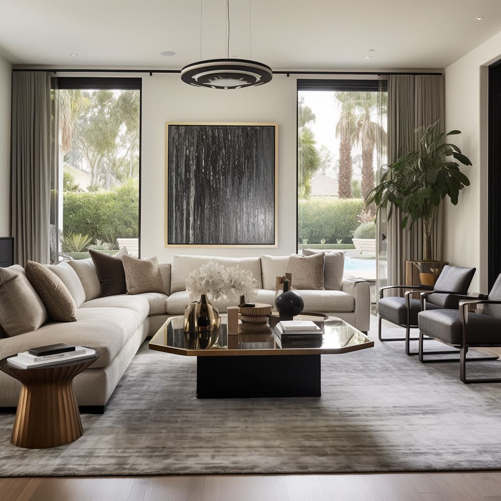 Architectural features and unique accents add character to this sophisticated sitting area