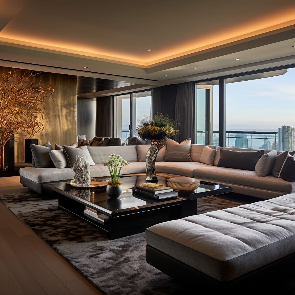 Architectural rhythm and dynamic interiors make this penthouse living room an elevated space