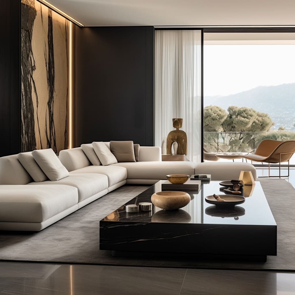 Artful minimalism meets minimalist elegance in a living room with luxury detailing and a balanced, subdued color scheme