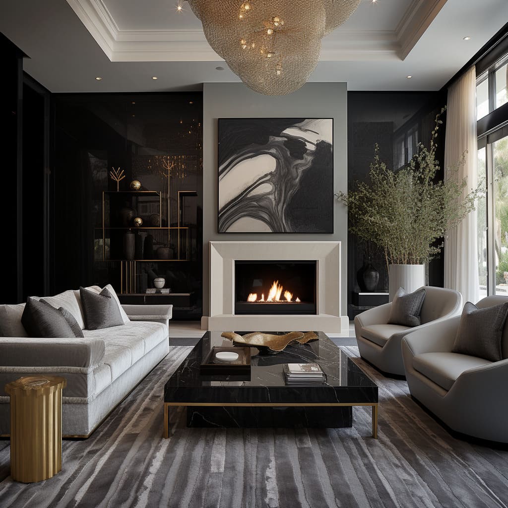 Artistic living room interiors are created by incorporating design principles and a tranquil ambiance