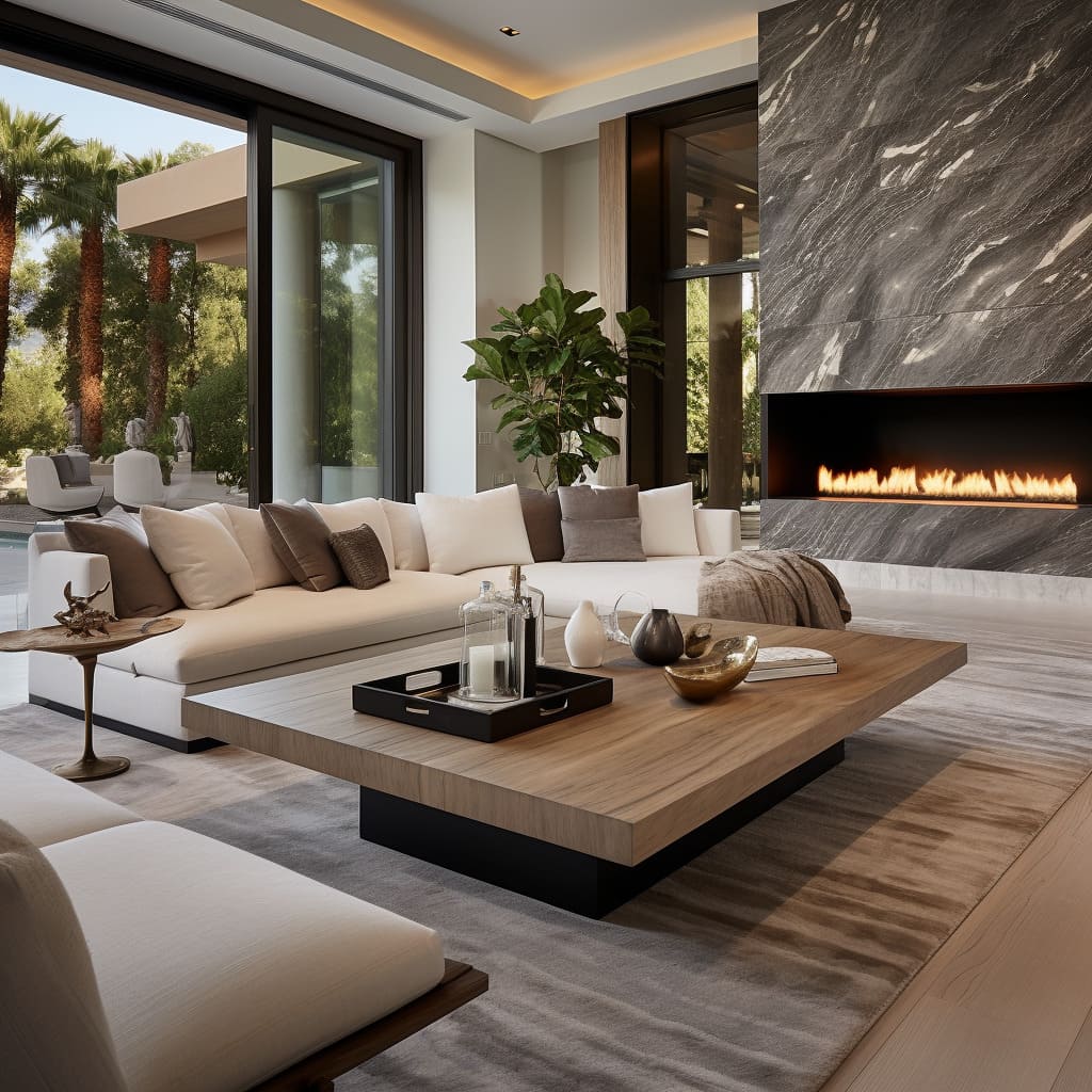 Artistry meets sophistication with the use of sophisticated marble in the living room's interior design