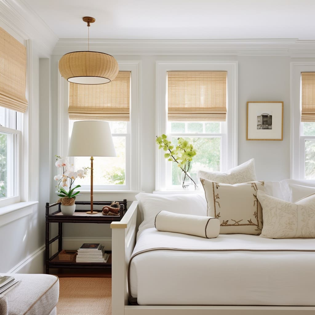 Bamboo shades and white draperies adorn the room's expansive windows.